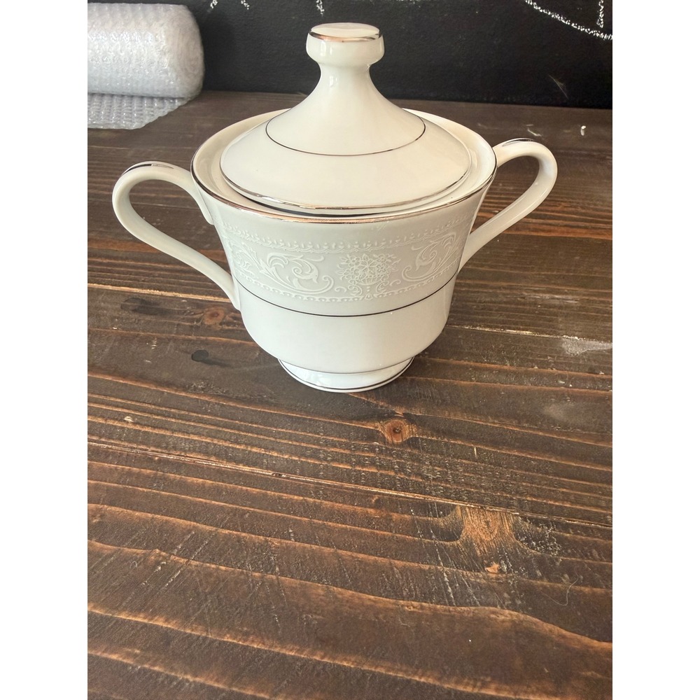 Salem China Co Translucent Fine China Plate and Lidded Sugar Bowl Silver Trim